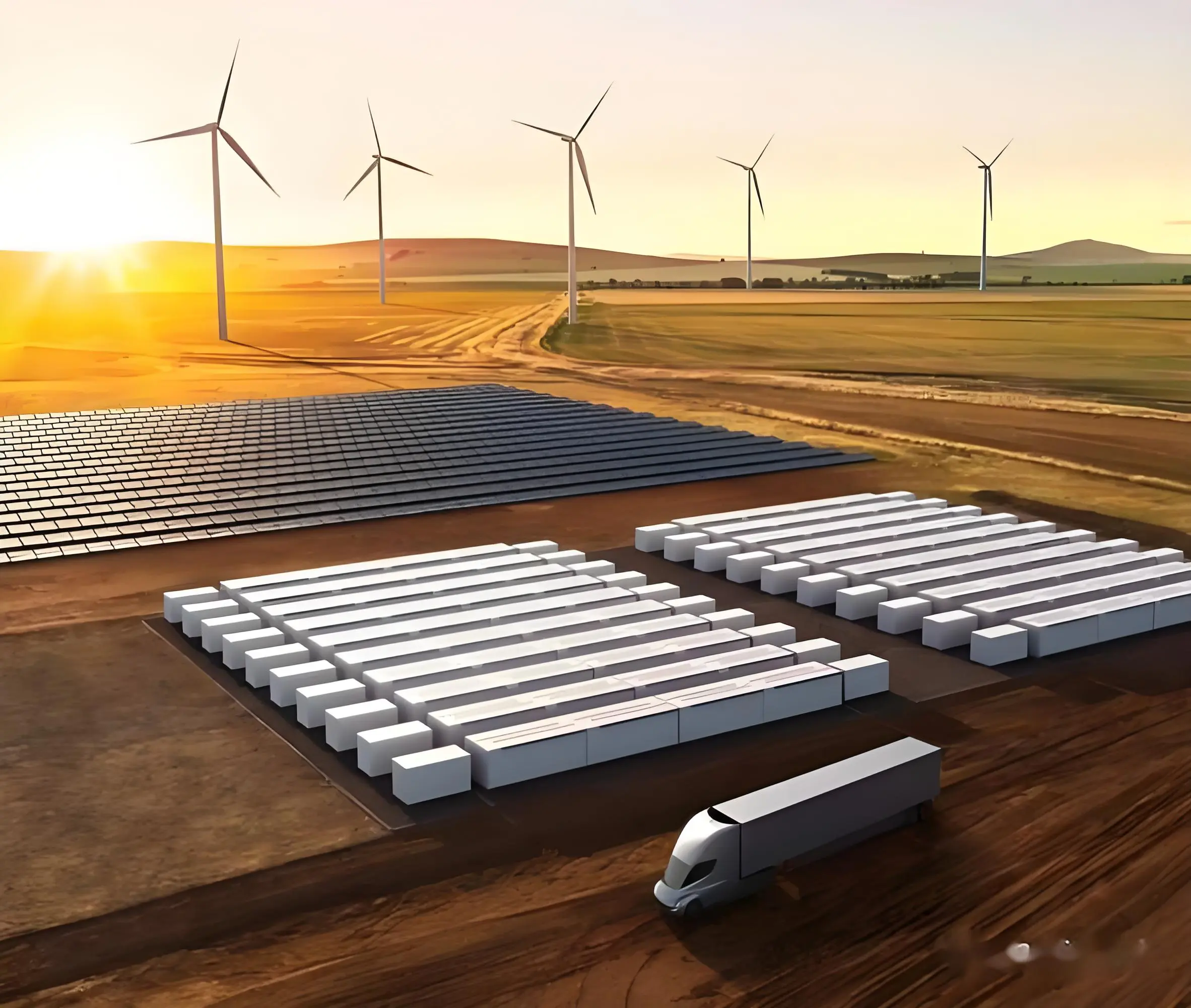 Renewable energy storage concept showing wind turbines, a solar farm, and battery storage units powering the future energy system.