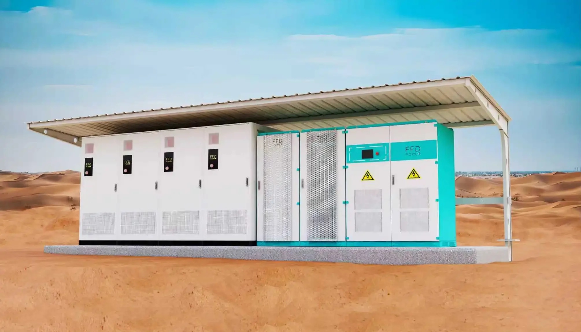 FFD Power solar energy storage system installation in a desert environment featuring battery cabinets and a microgrid control unit.