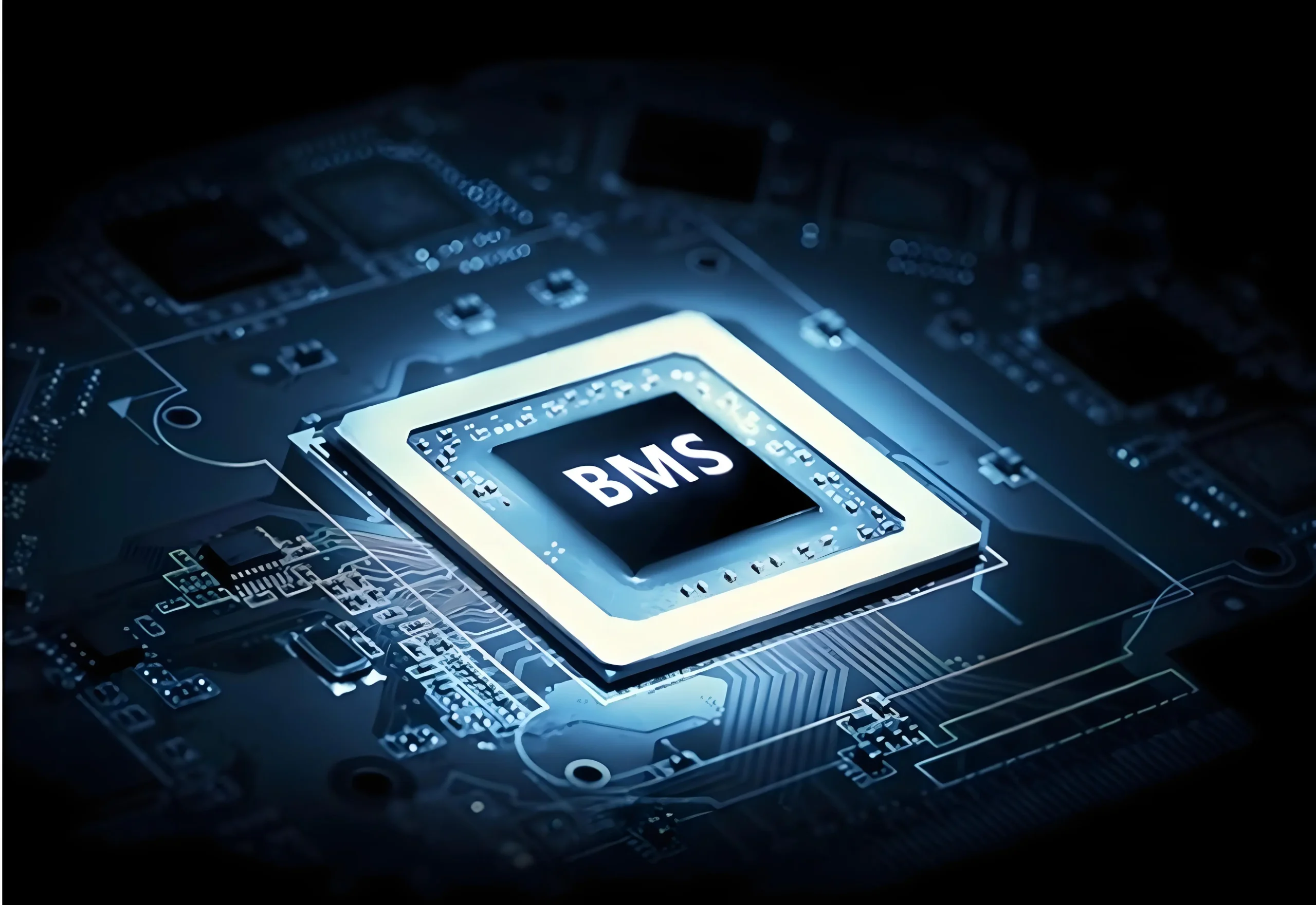 Close-up of a circuit board with a “BMS” microchip, representing the battery management system as the intelligent control brain of energy storage.