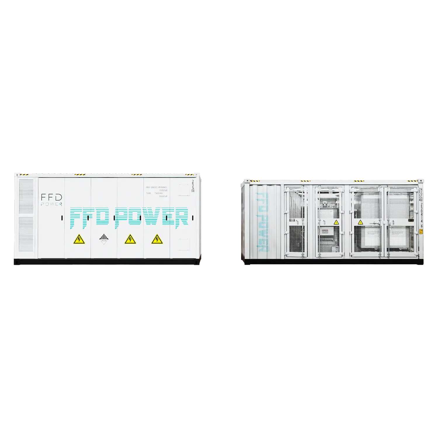 FFD Power large-scale containerized energy storage system showing front and internal rack views.