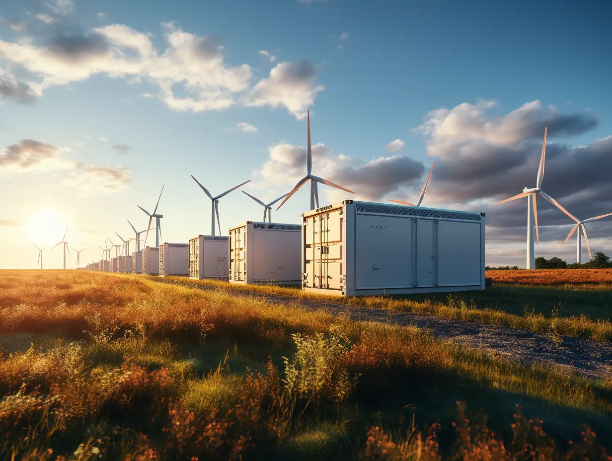 Grid-tied vs off-grid energy storage concept showing containerized BESS units beside a wind farm under an open sky.