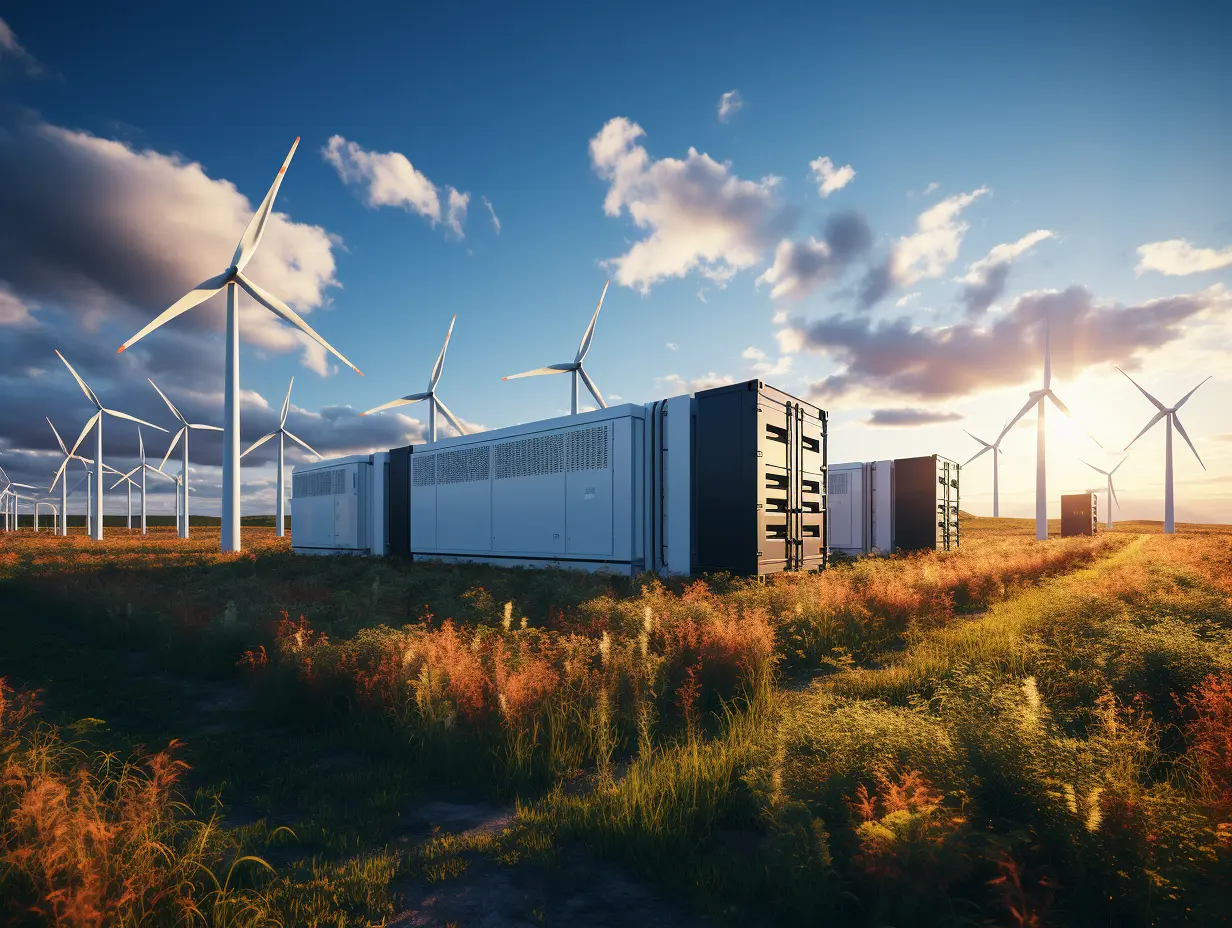 Commercial and industrial battery energy storage containers operating beside a wind farm at sunset, supporting lower energy costs and higher efficiency.