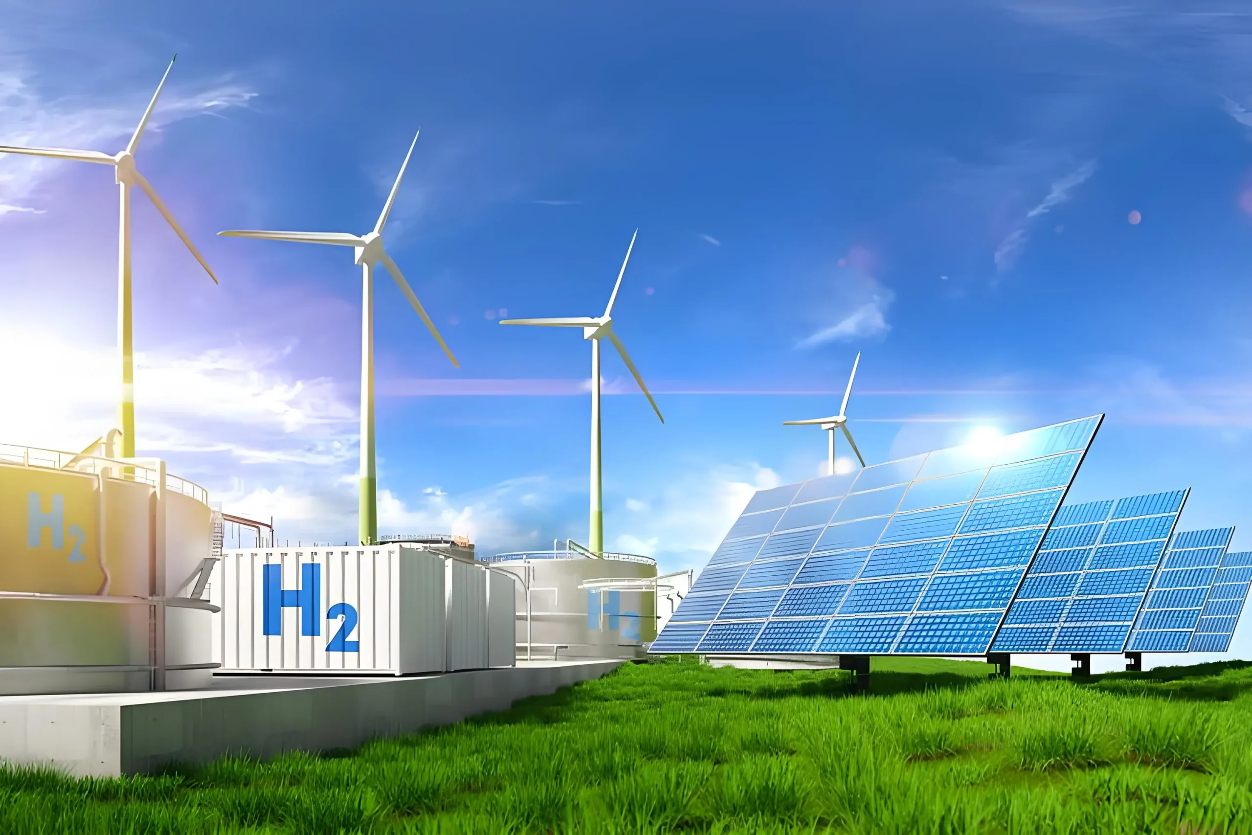 Energy storage systems powering green energy, with wind turbines, solar panels, and hydrogen storage units in a clean renewable landscape.