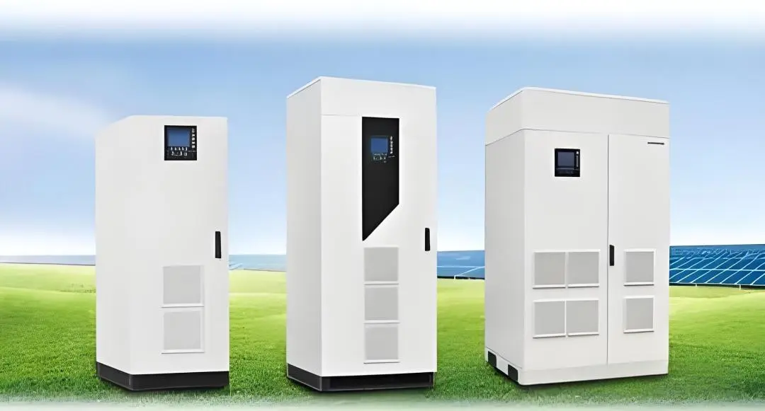 Power conversion system (PCS) cabinets shown near a solar field, illustrating how PCS converts and controls energy flow in an energy storage system.