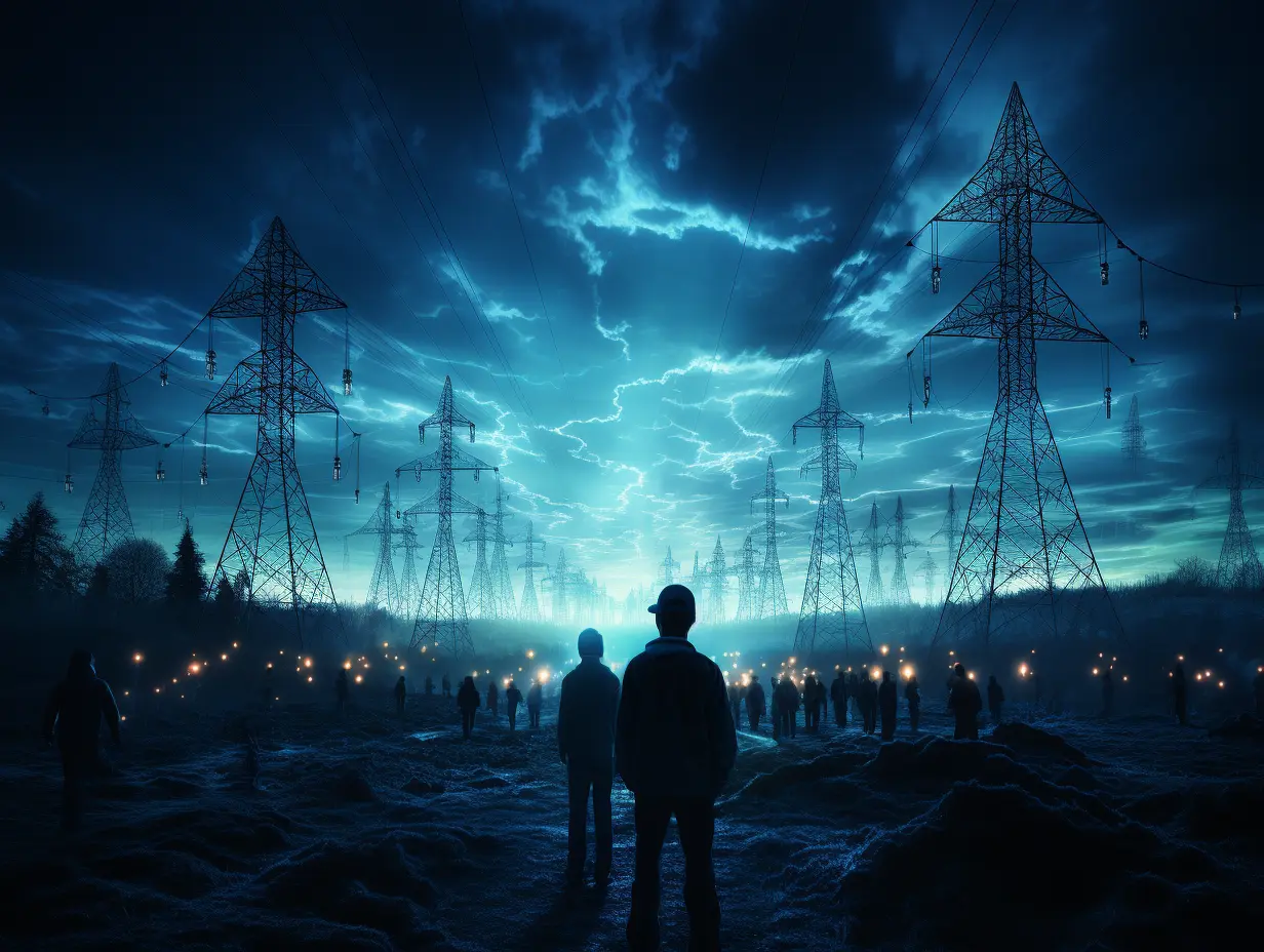 High-voltage transmission towers under a dramatic stormy sky, symbolizing grid-scale energy storage that stabilizes the power system and acts as a utility “power bank.”