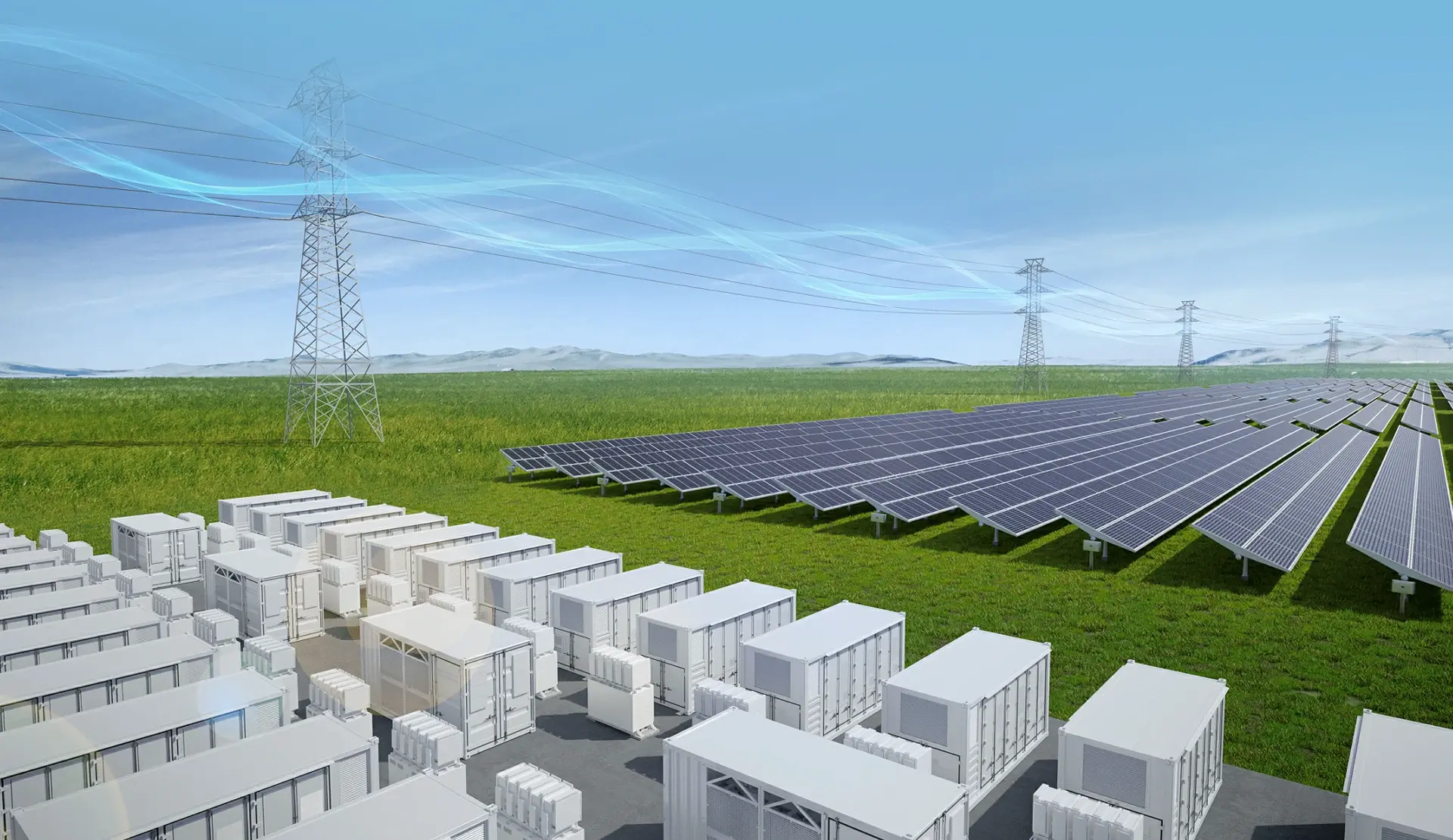 Utility-scale BESS and a solar farm connected to transmission lines, illustrating ESS performance metrics such as cycle life, depth of discharge, and efficiency.