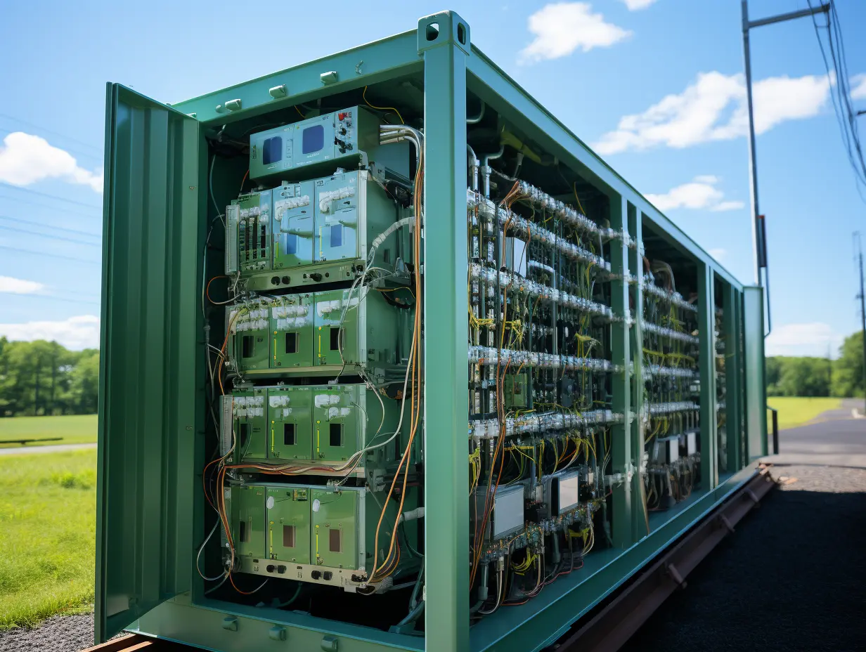 Open containerized vanadium redox flow battery energy storage system, illustrating the ‘marathon runner’ of long-duration storage technology.