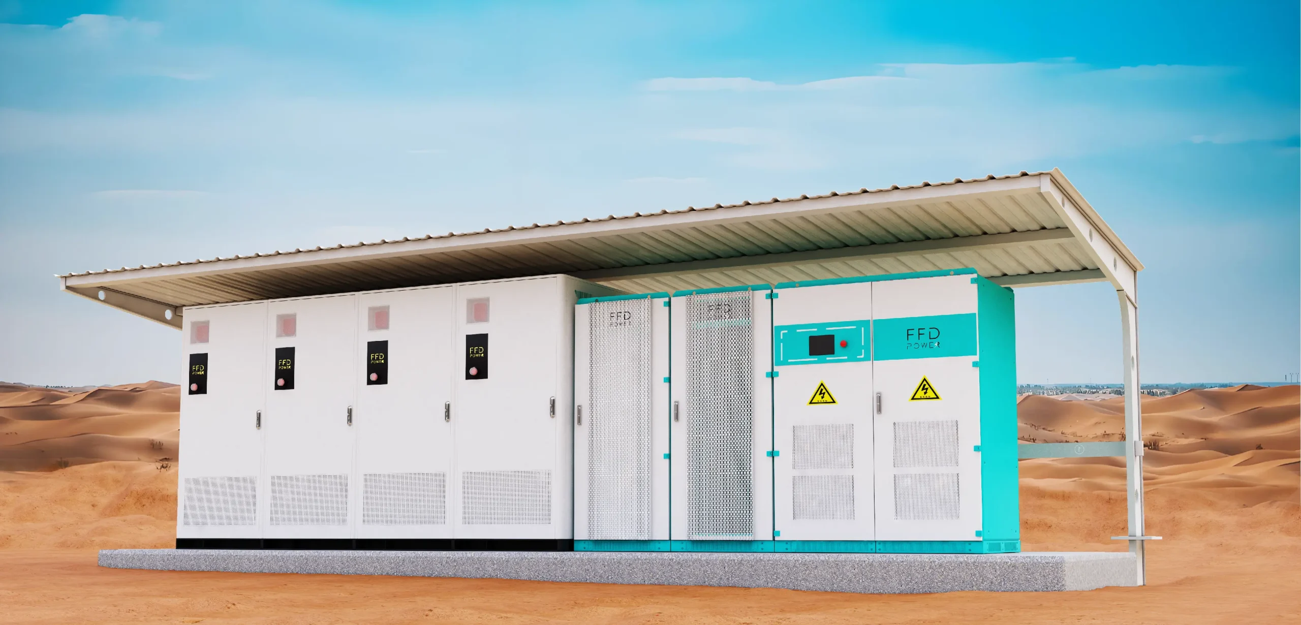 FFD POWER-er bishal containerized battery energy storage systems (BESS) ja shohorer upokonthe ba industrial area-te sthapito.