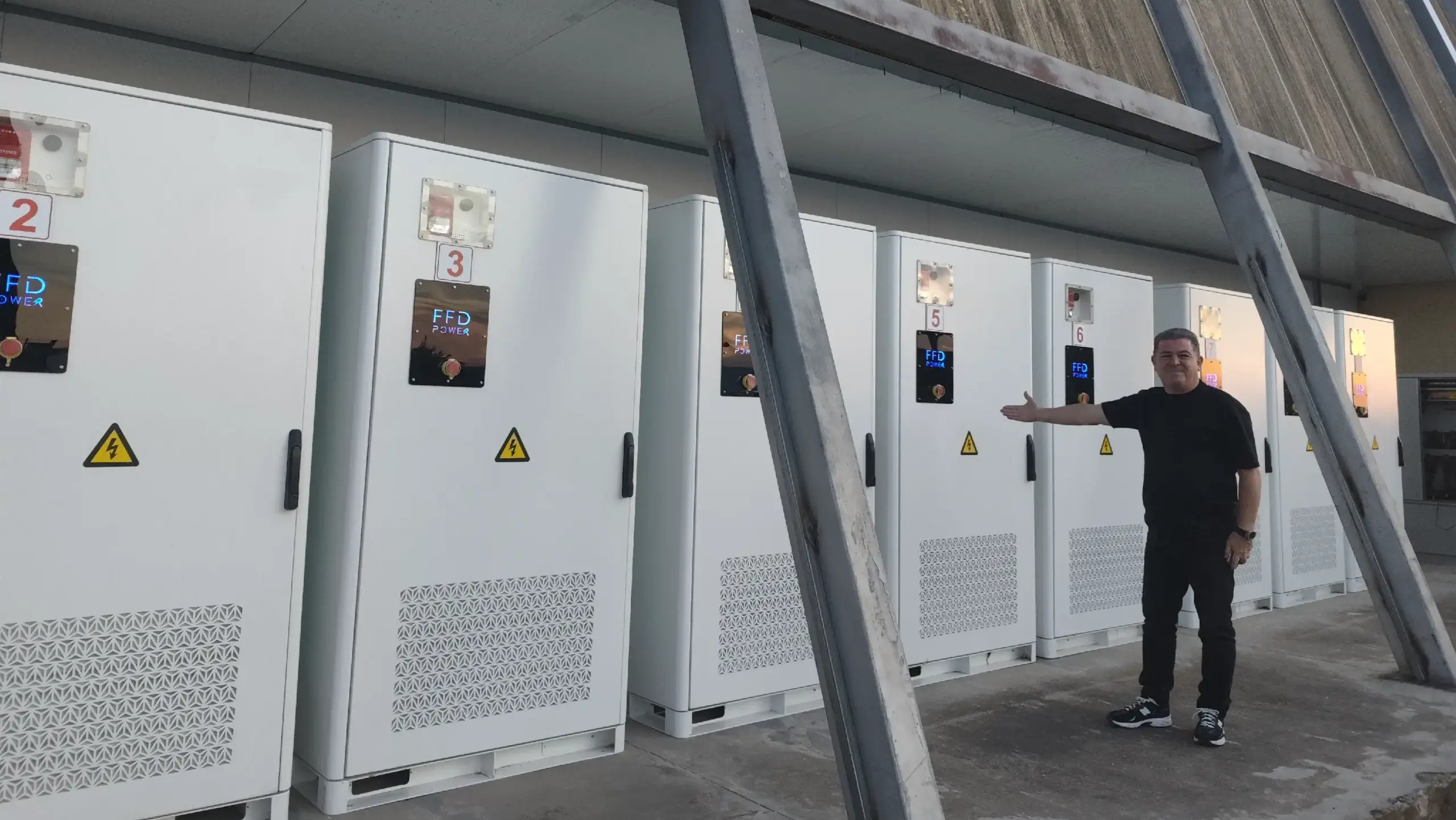 “0.8MW/1.86MWh peak-shaving BESS site with a row of outdoor battery cabinets under an industrial shed; operator standing beside the system.”
