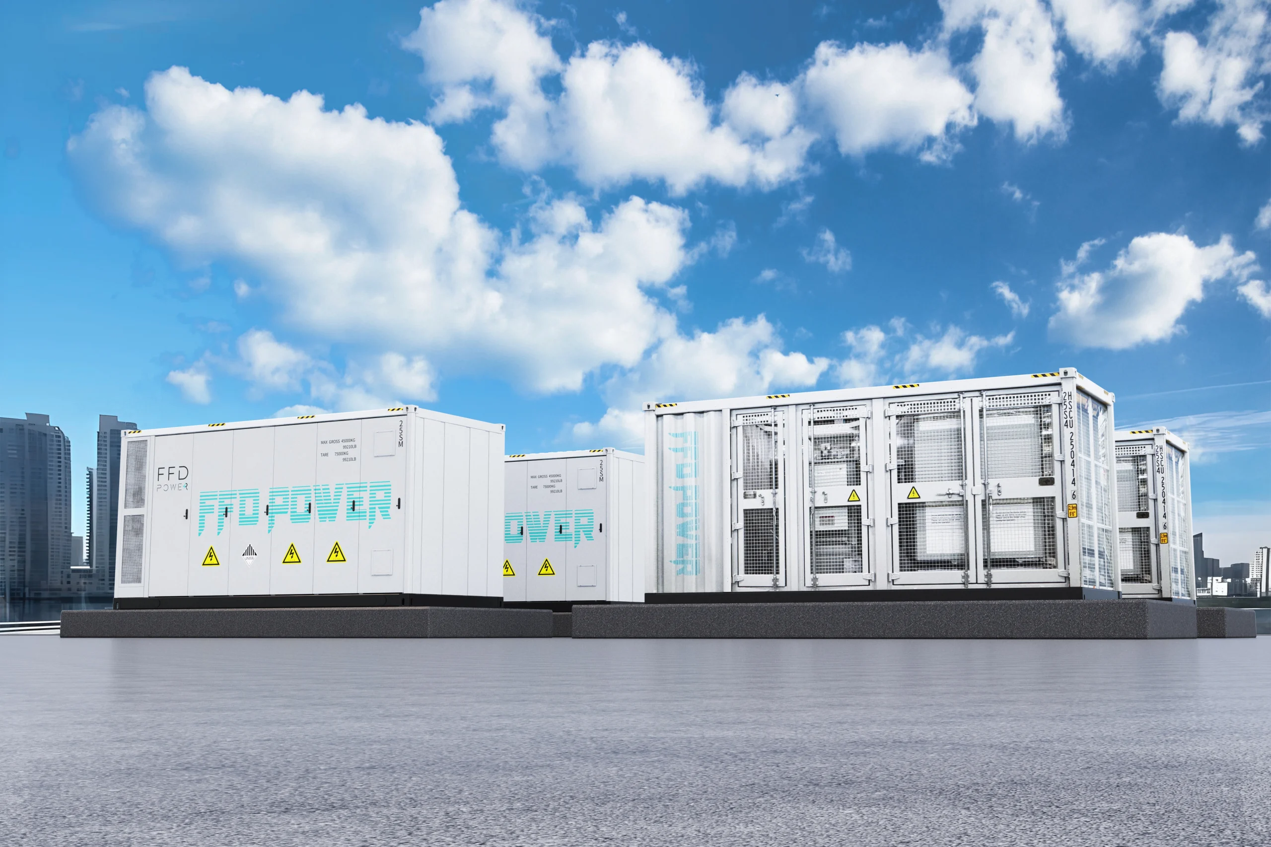 FFD Power containerized energy storage system installation in a modern urban waterfront setting.