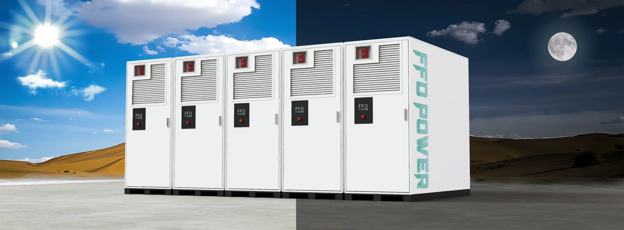 FFD Power energy storage cabinets in a desert environment, showing day-and-night operational capability for continuous industrial power.