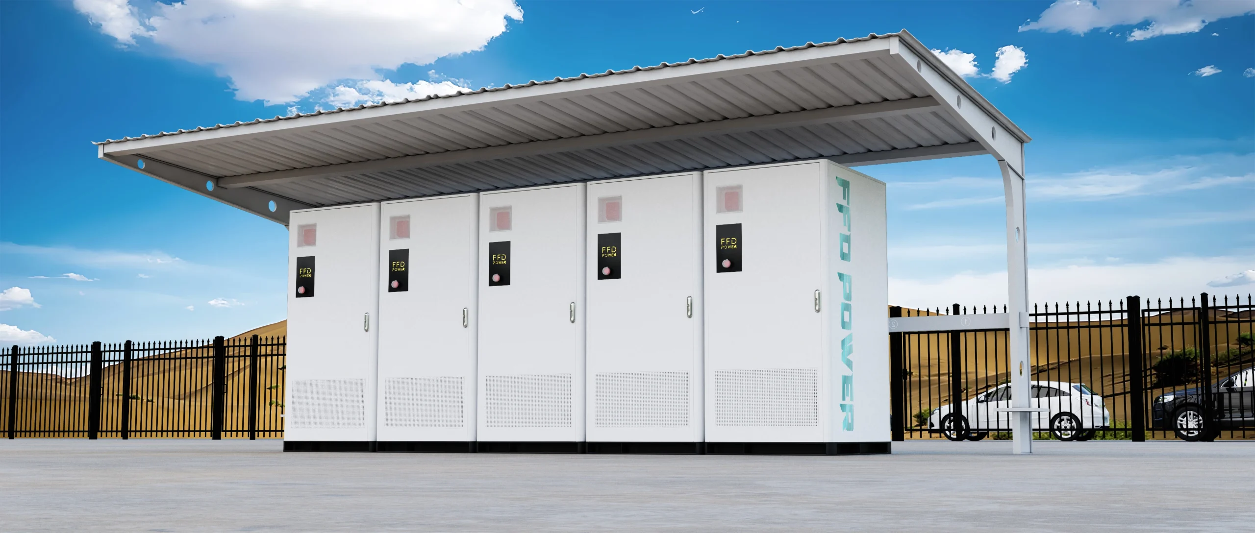 FFD Power Galaxy series industrial energy storage cabinets installed at an outdoor desert facility with a protective canopy.