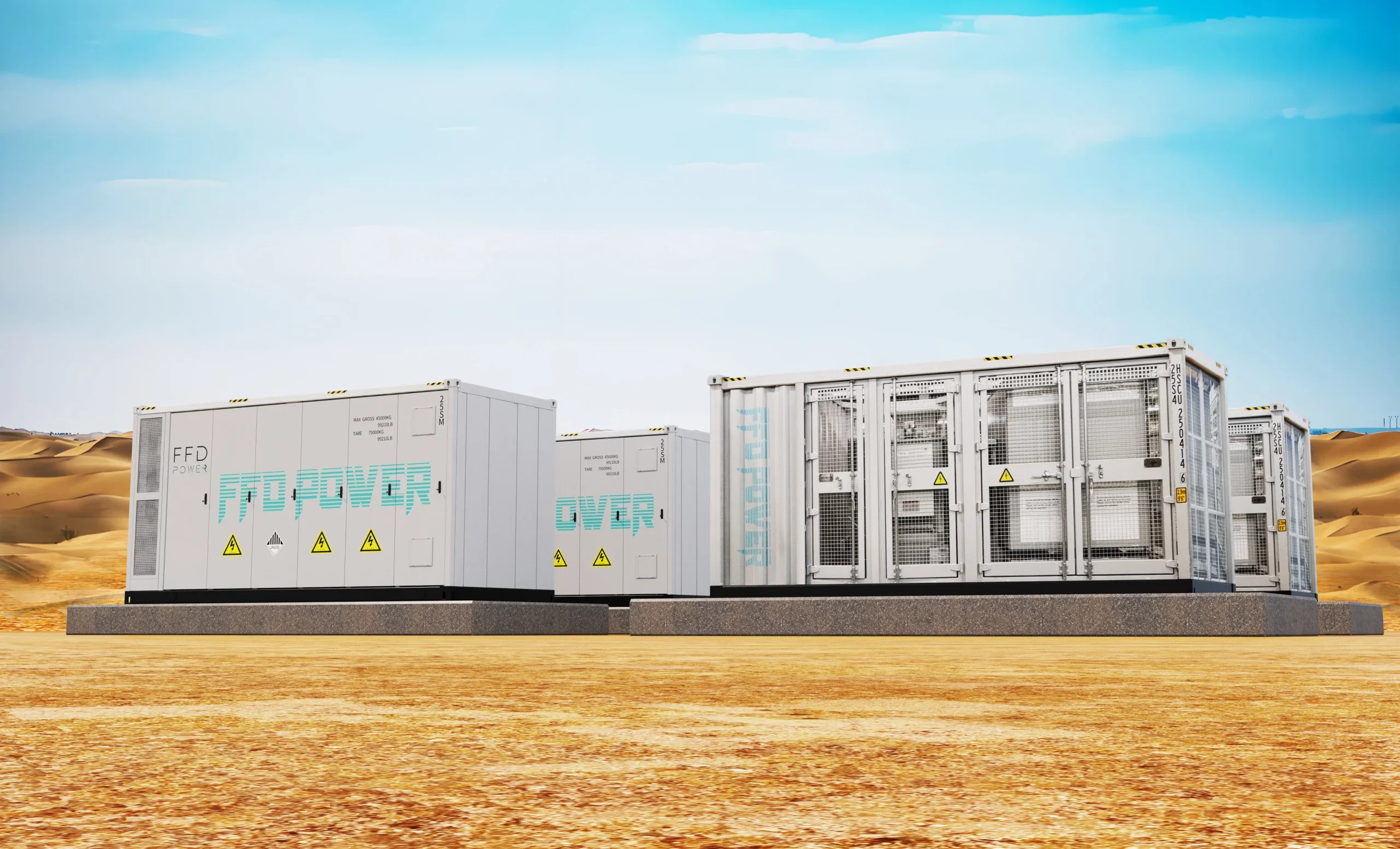 FFD POWER-er containerized battery energy storage systems (BESS) ja morubhumi ba desert-er moto kothin poribeshe sthapito.