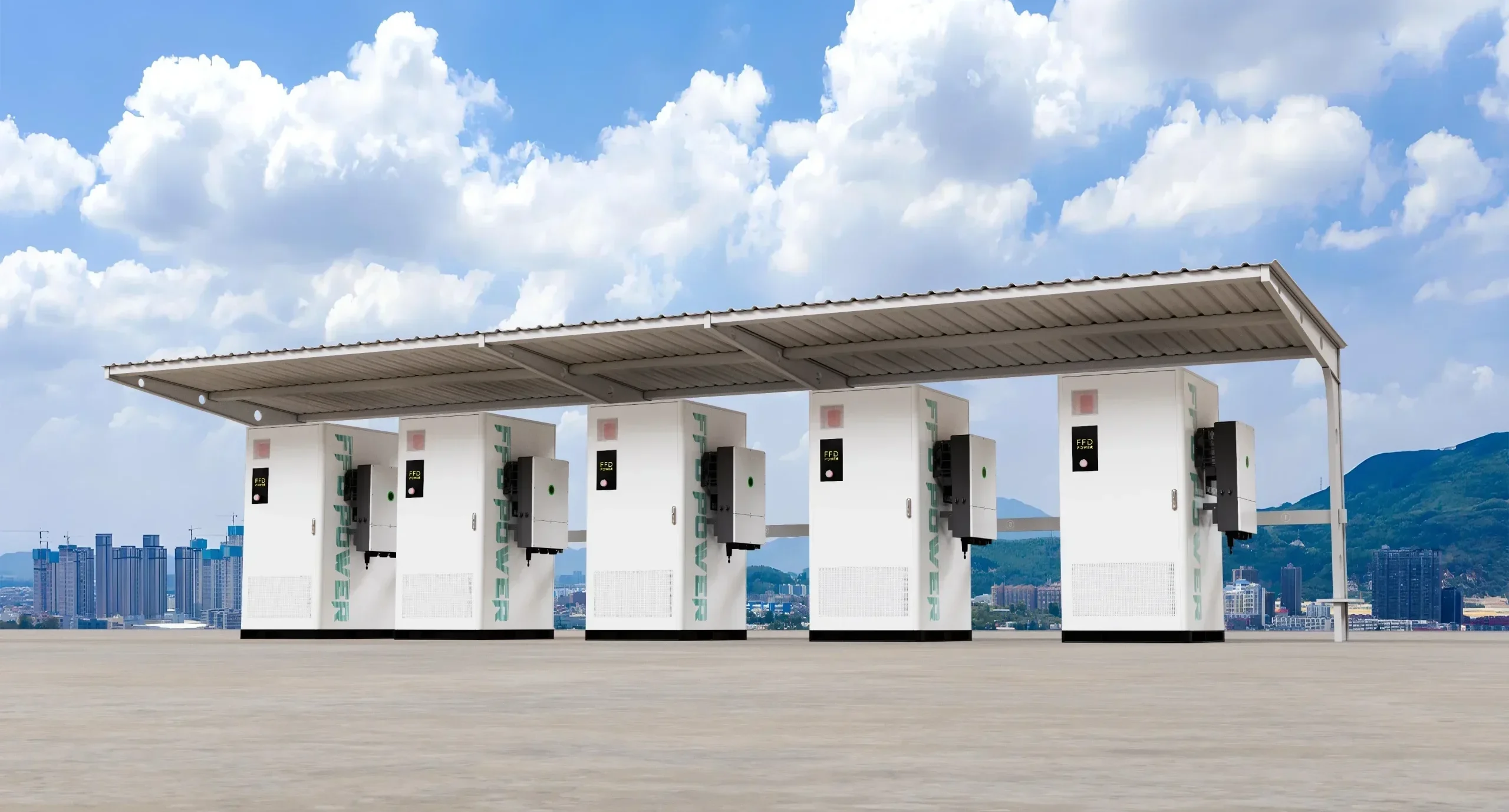 Row of FFD Power commercial battery storage units under a protective canopy with a city skyline background