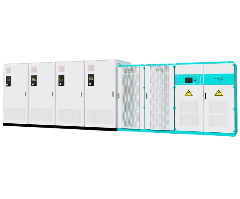 FFD Power microgrid energy storage system featuring multiple Galaxy series battery cabinets and a centralized control unit.