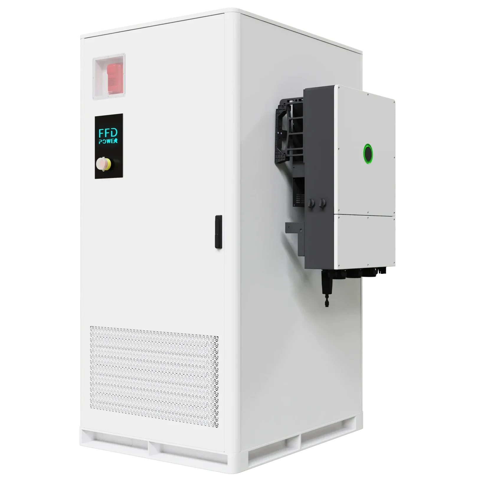 FFD Power commercial energy storage cabinet with an integrated external hybrid inverter system.