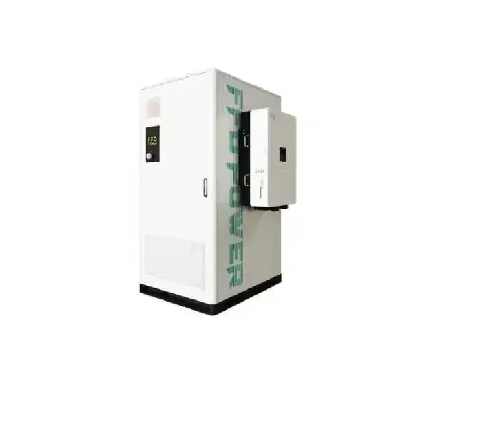 FFD Power commercial battery storage cabinet with a side-integrated smart inverter for modular energy solutions.