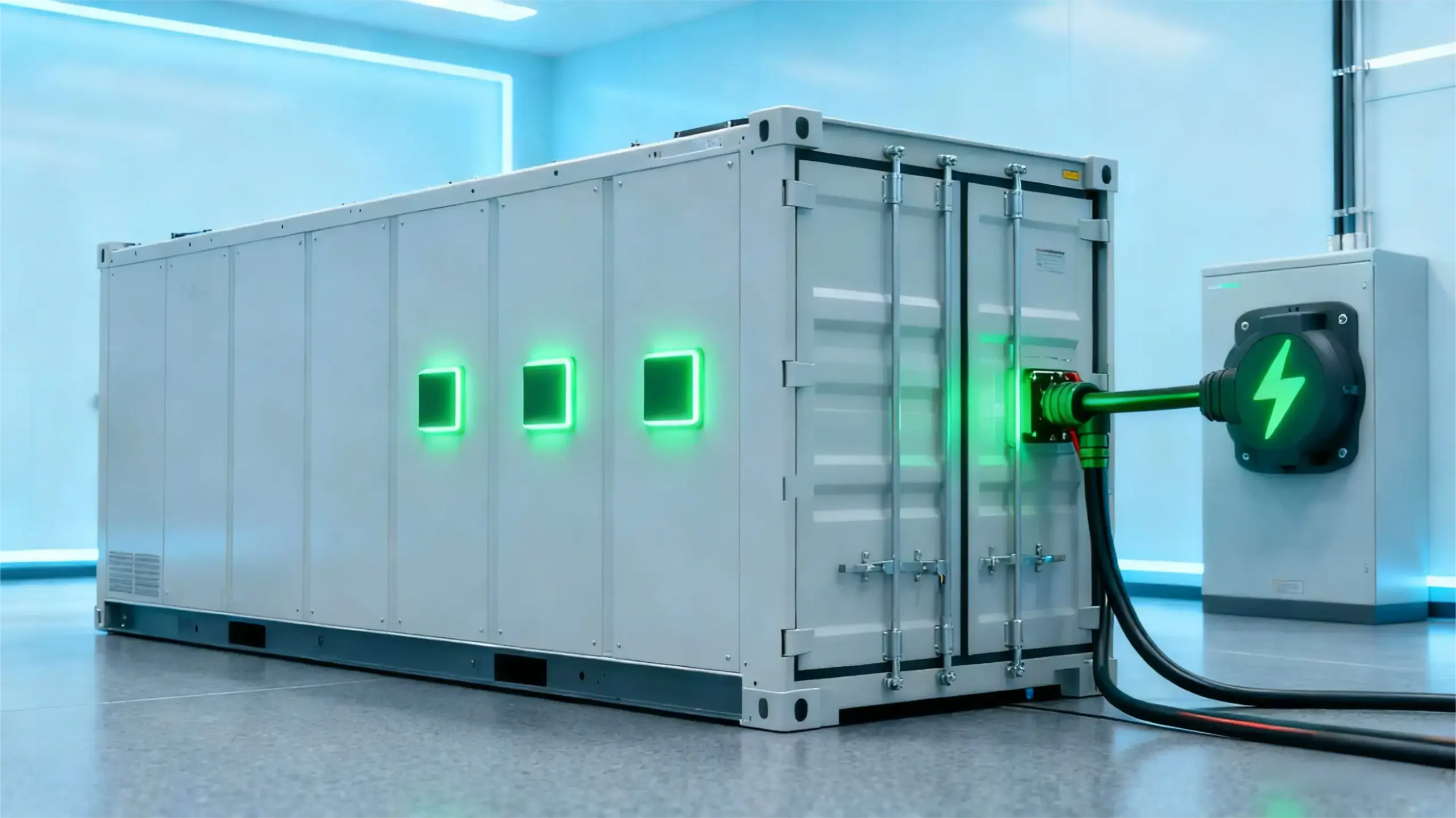 Containerized battery energy storage system connected to a power interface, illustrating round-trip efficiency (RTE) as energy flows in and out during charge and discharge.