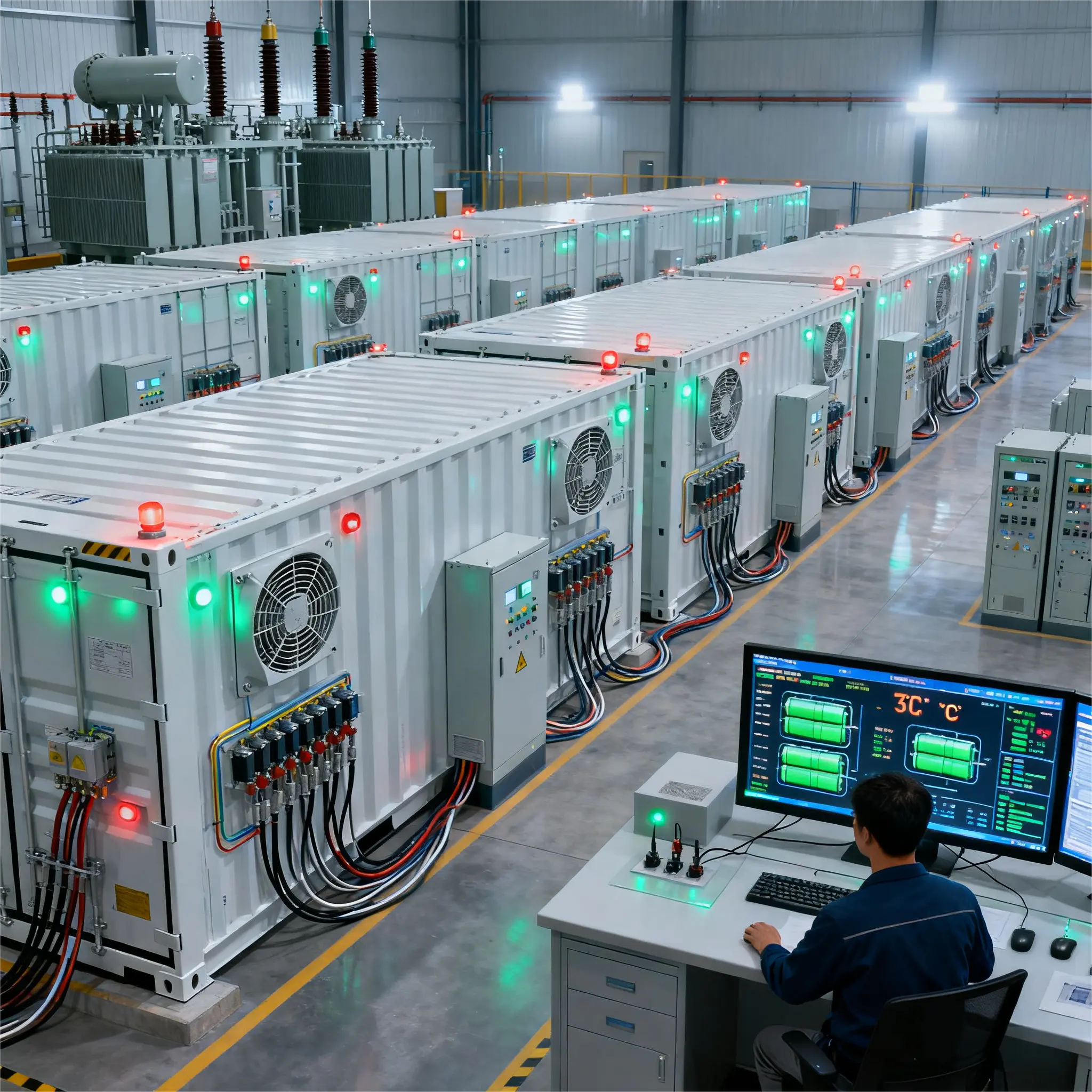 Industrial energy storage facility with rows of containerized battery systems and a control room operator, illustrating major energy storage technologies and large-scale deployment.