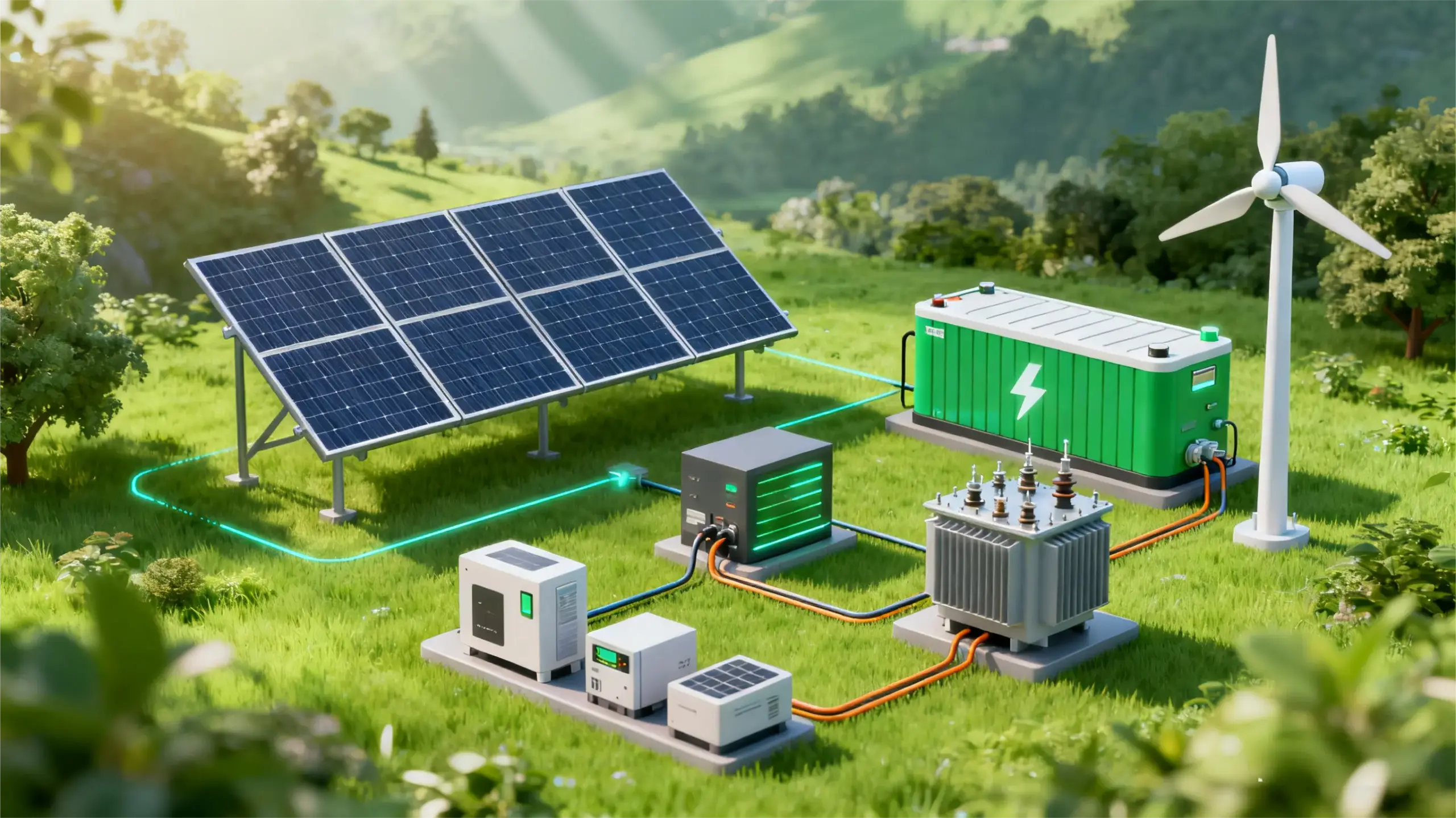 Microgrid system illustration with solar panels, a wind turbine, battery storage, and power controls, showing resilient electricity for factories, campuses, and communities.
