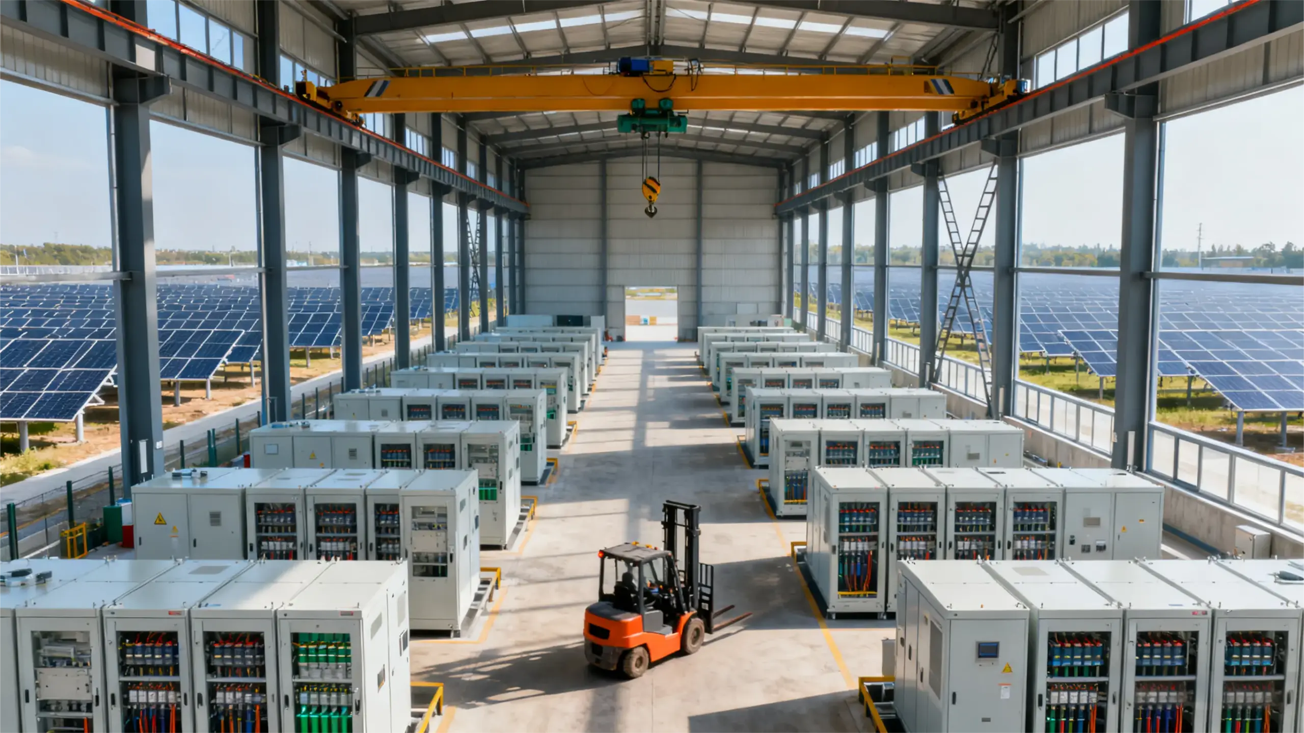 Industrial energy storage installation with multiple battery cabinets inside a warehouse near a solar plant, illustrating peak shaving to reduce demand charges.