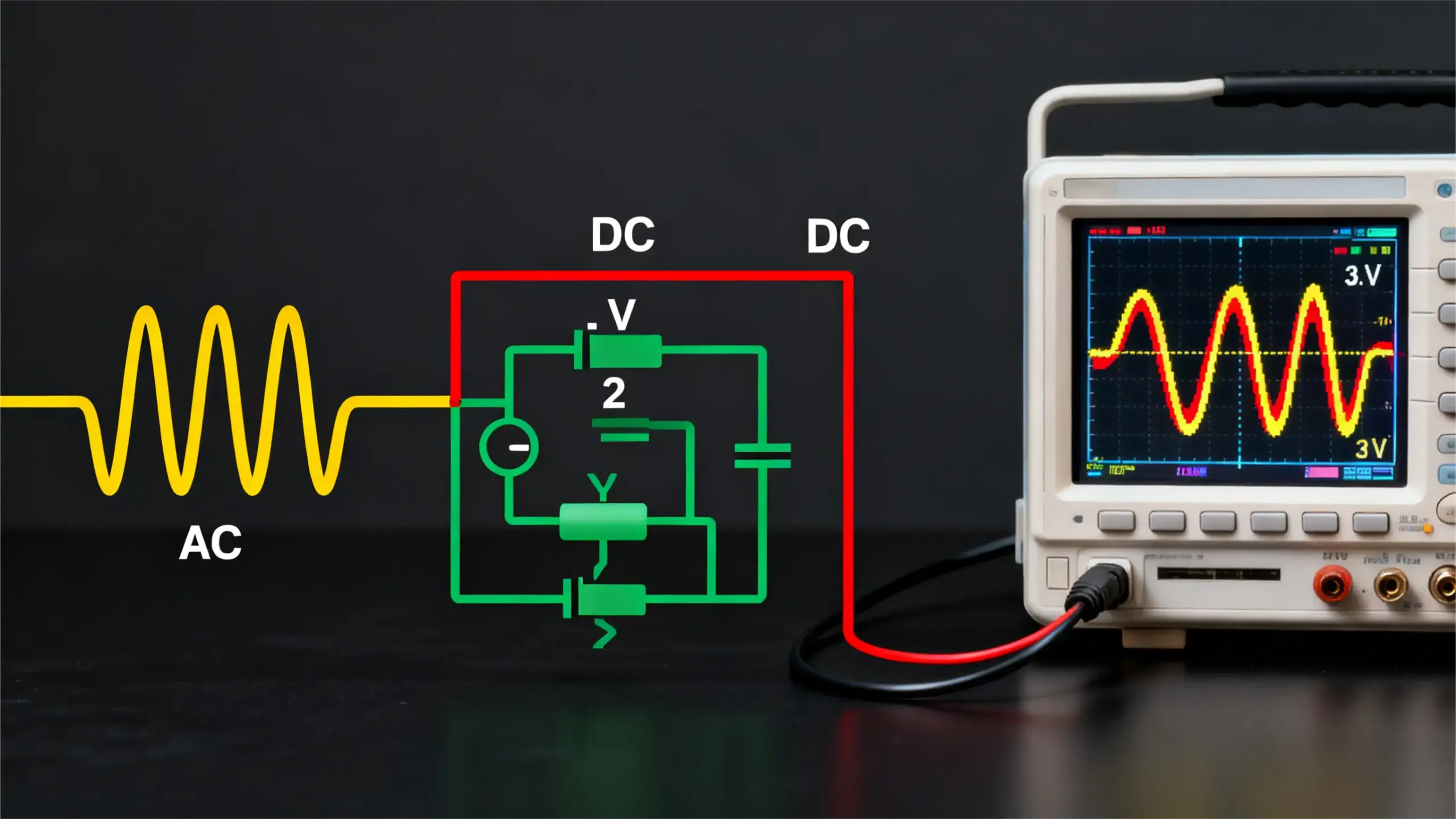 AC and DC waveforms with a circuit diagram and oscilloscope display, illustrating the difference between DC-coupled and AC-coupled energy storage systems.