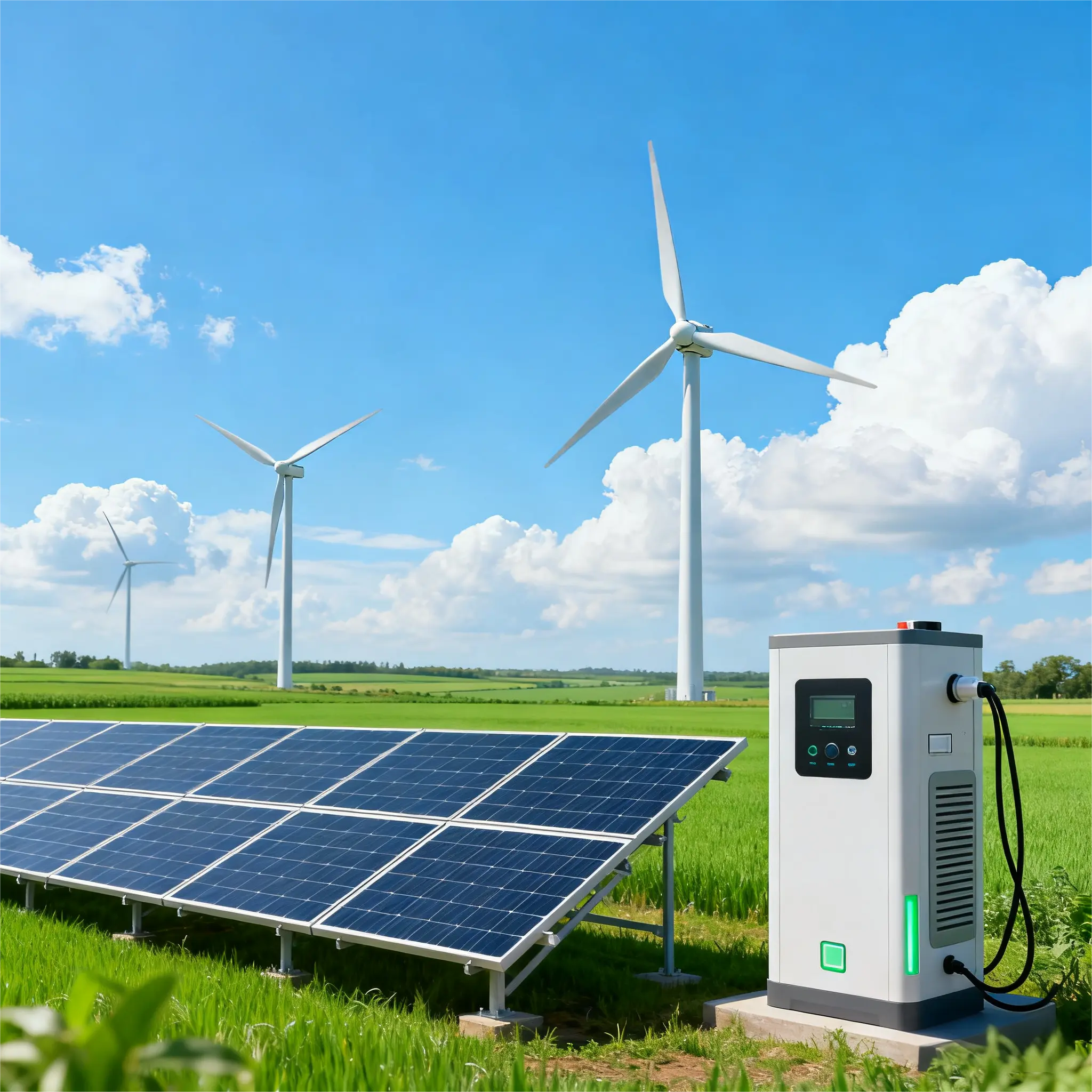 Solar panels and wind turbines powering a clean-energy storage/charging unit, illustrating how renewables and energy storage support carbon neutrality.