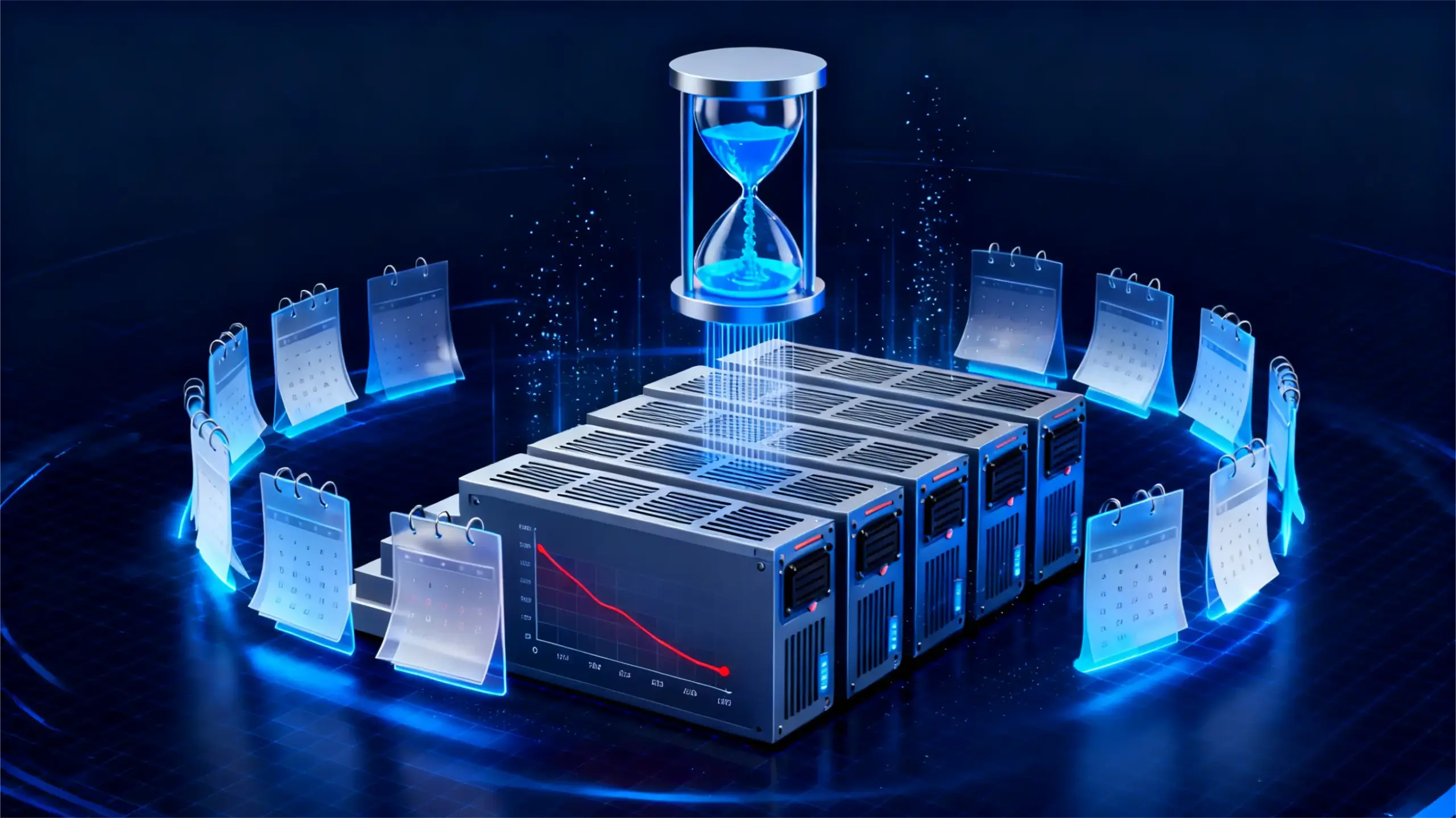 Battery energy storage system surrounded by calendar and time icons, illustrating full life-cycle cost analysis across installation, operation, and replacement timelines.