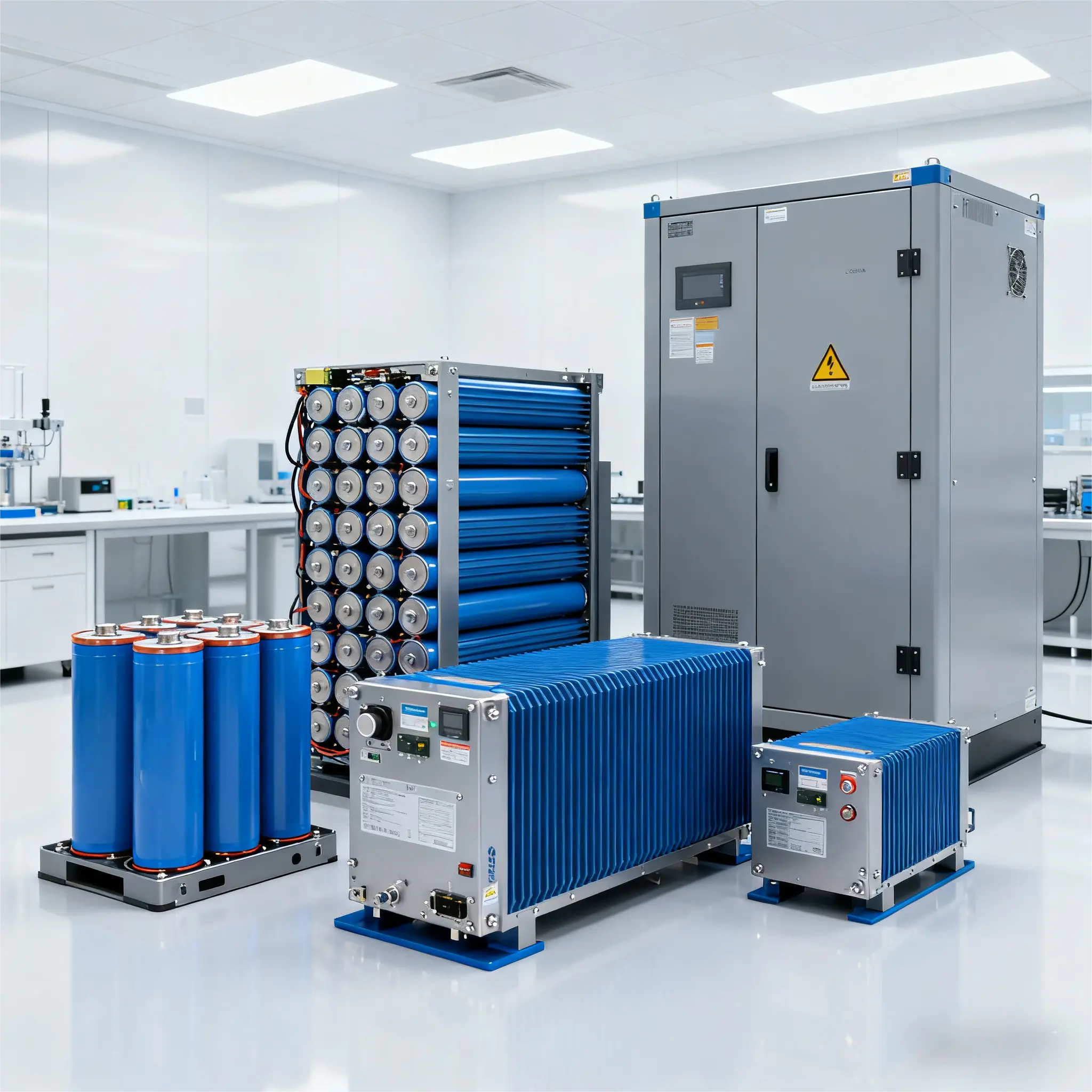 Battery cells and BMS equipment in a lab setting, illustrating state-of-charge (SOC) management methods and their importance for safe, accurate battery operation.