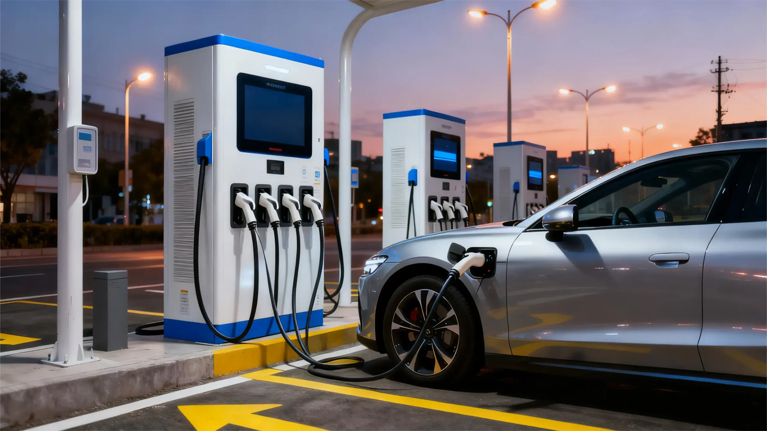 Electric vehicle fast-charging station at dusk with a car plugged in, illustrating fast charging technology and its impact on battery life.
