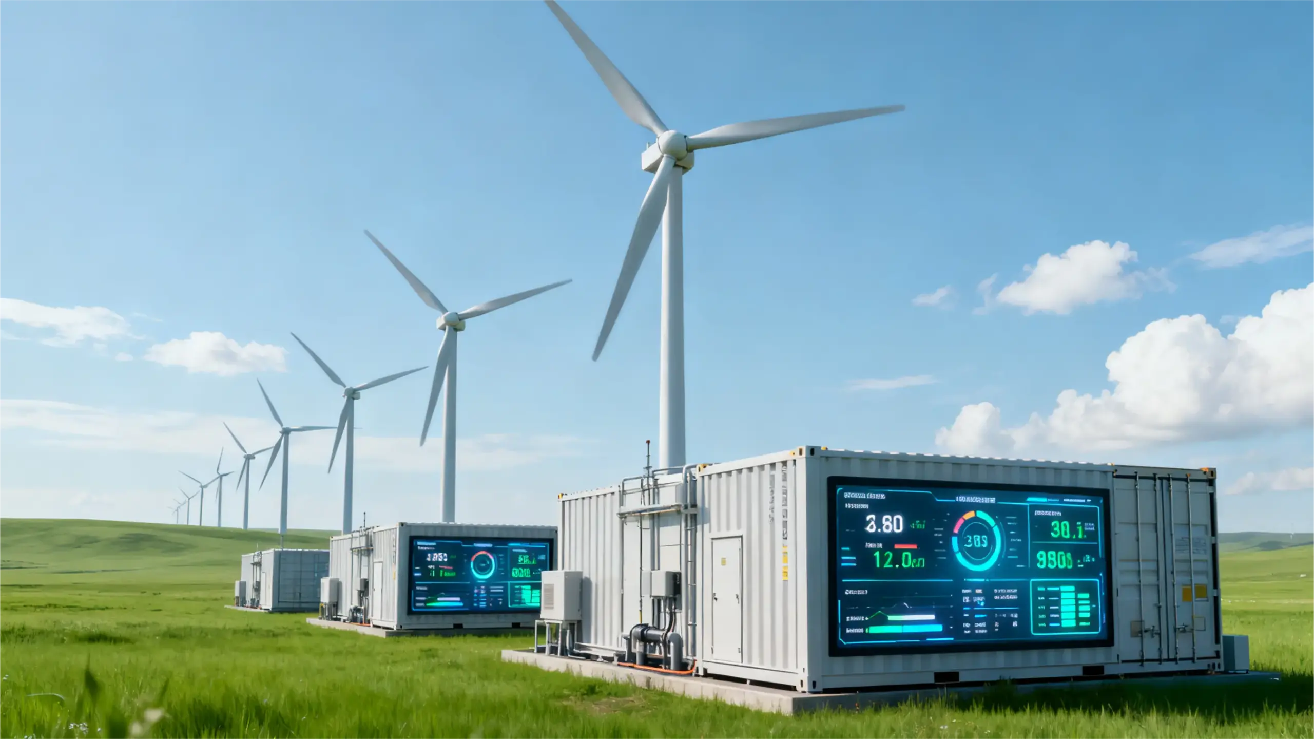 Containerized energy storage systems operating alongside a wind farm, illustrating storage applications in wind, hydrogen, and other renewable energy projects.