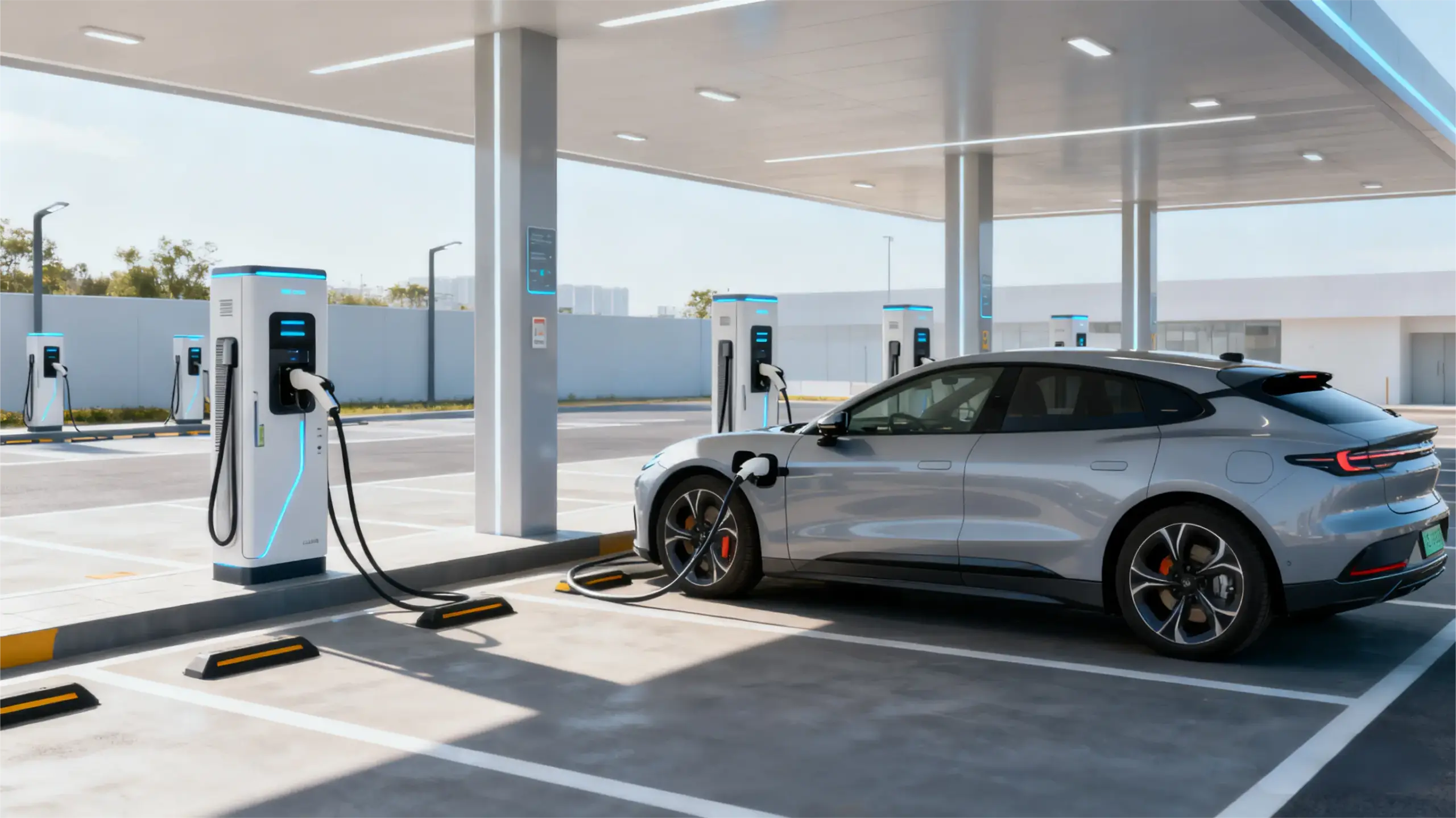 Electric car charging at a fast-charging station, illustrating C-rate as the “acceleration” factor that determines how quickly an energy storage system can charge or discharge.