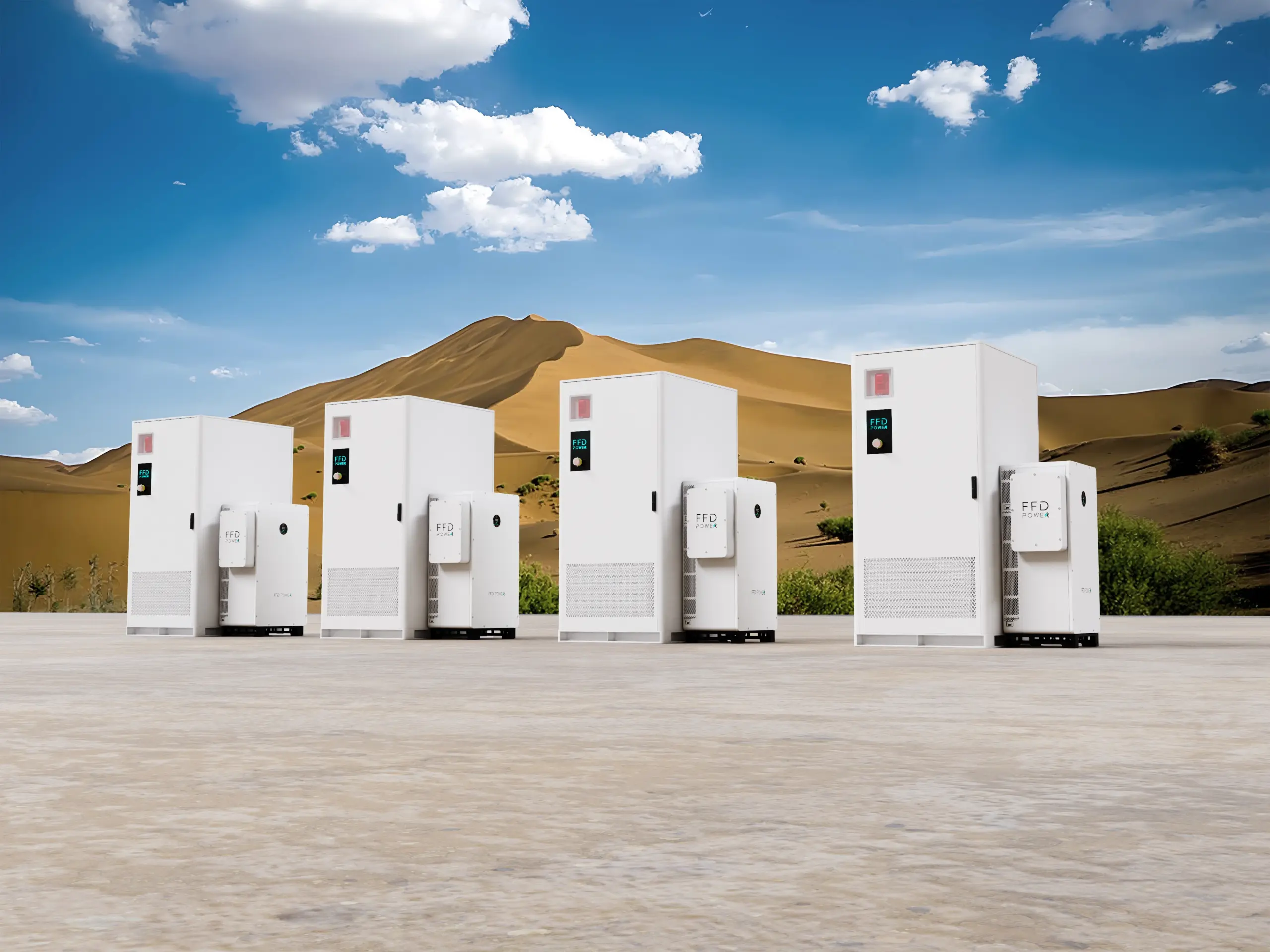 FFD Power energy storage cabinets and battery modules set against a desert landscape background.