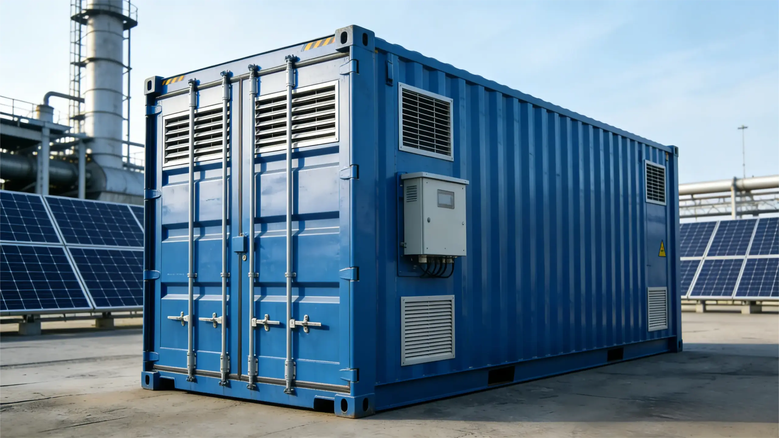 Installation of an FFD POWER containerized battery energy storage system (BESS) at an outdoor industrial site using a heavy-duty crane.