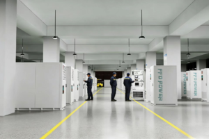 EUROPEAN BESS MANUFACTURE: technicians inspecting C&I BESS cabinets