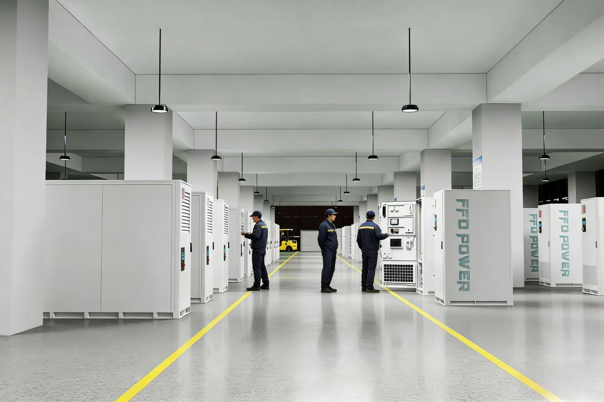 EUROPEAN BESS MANUFACTURE: technicians inspecting C&I BESS cabinets