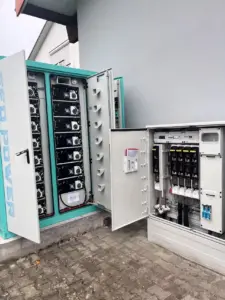 105kW/215kWh cabinet BESS installed for EV charging booster in Germany, showing battery racks and power distribution cabinet